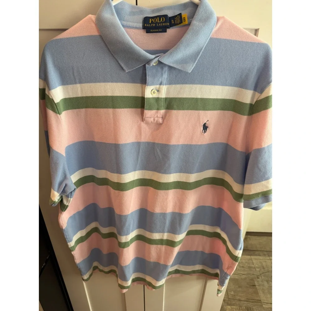 Polo Ralph Lauren Mens XL Classic Fit Striped Polo Shirt Blue Pink Green Cotton